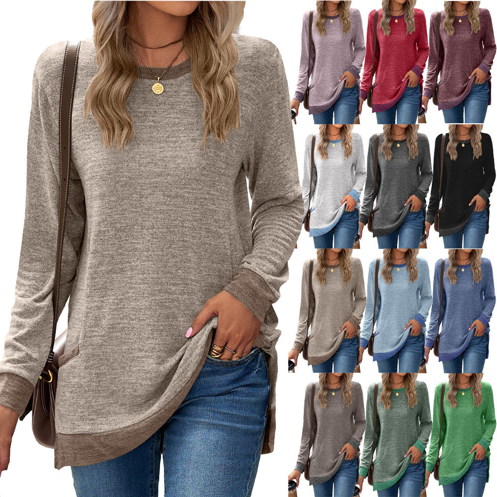 Women's Cotton Blend Pullover with Round Neckline and Front Pocket, Mid-Length Relaxed Fit