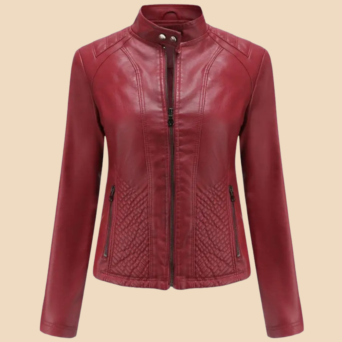 Women’s Zip-Front Faux Leather Jacket with Stand Collar and Quilted Panel Detailing