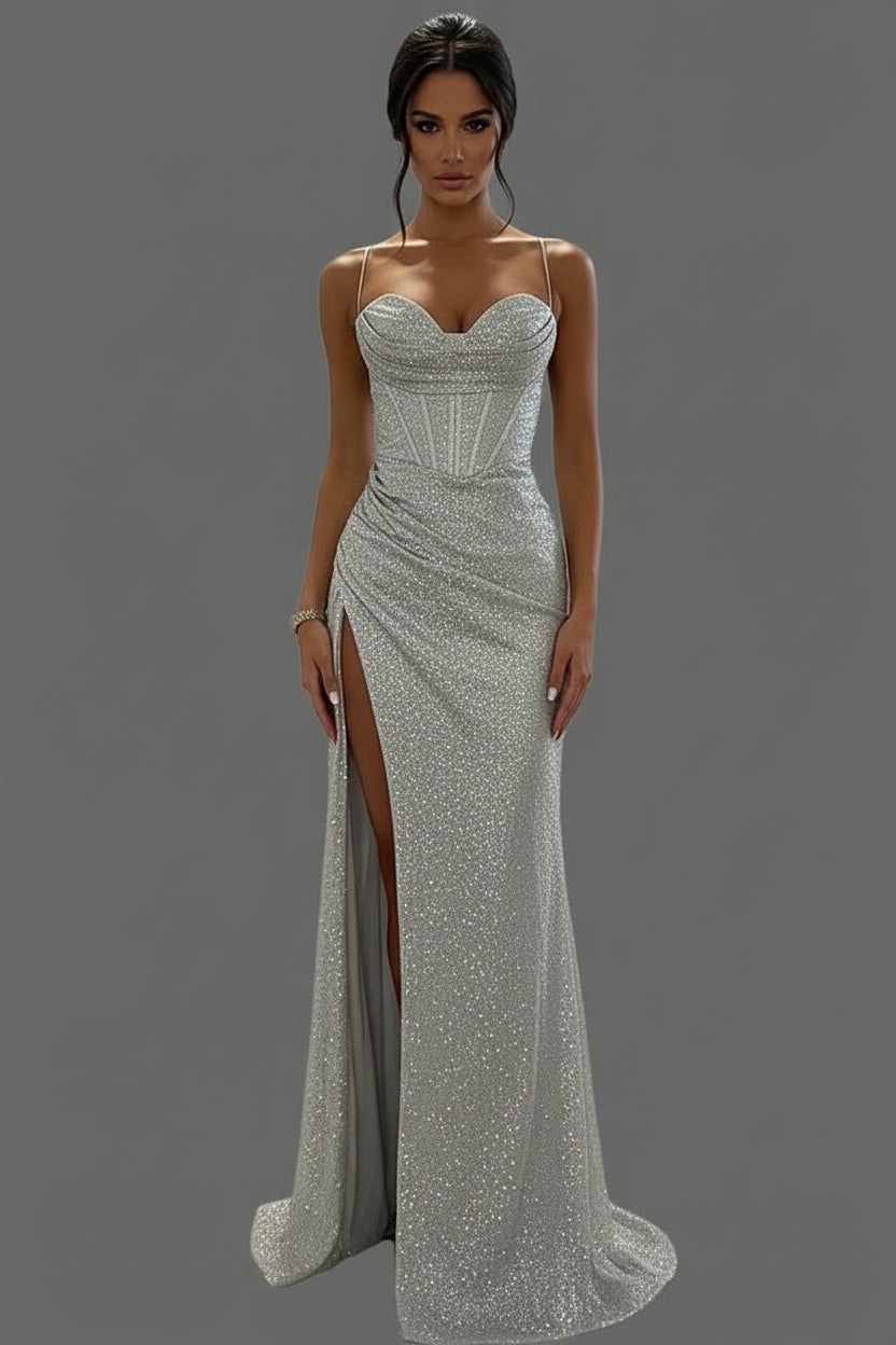 Women’s Corset Maxi Dress with Spaghetti Straps and High Slit