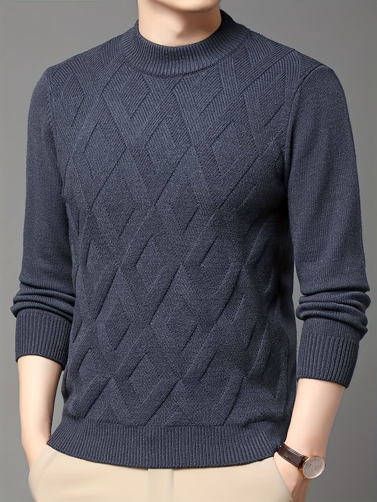 Close Fit Mock Neck Sweater with Diagonal Knit and Ribbed Cuffs