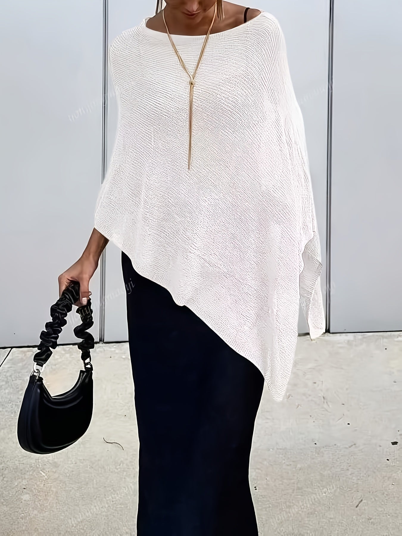 Women's Knit Poncho Sweater - Crew Neck - Asymmetric Hem - One Size