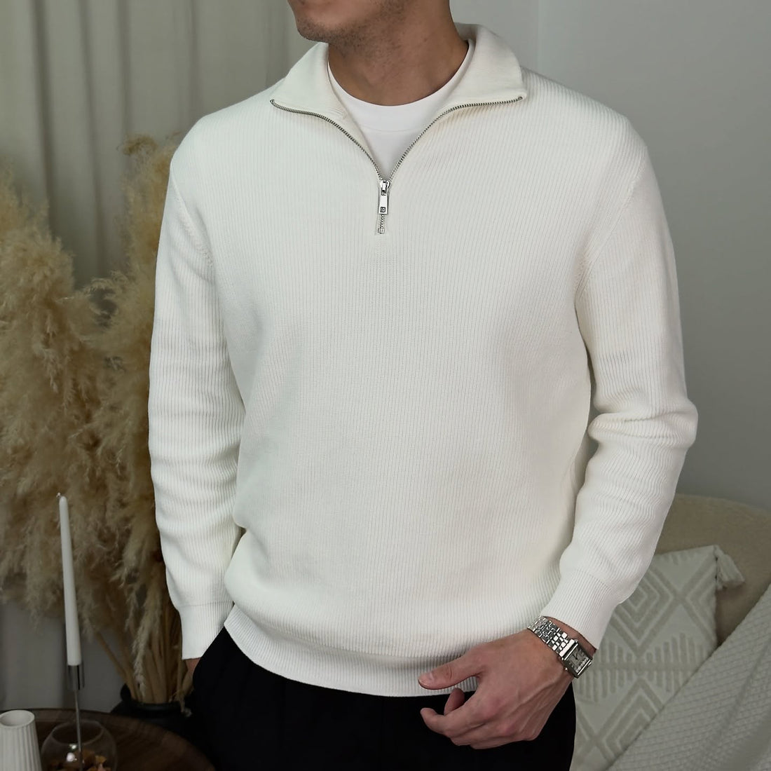 Half Zip Knit Sweater for Men with Adjustable Neckline and Breathable Yarn
