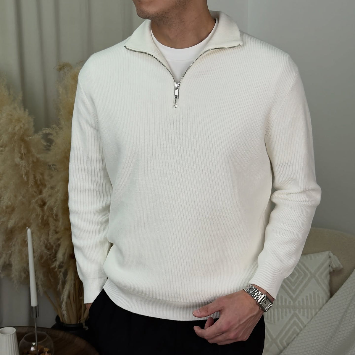 Half Zip Knit Sweater for Men with Adjustable Neckline and Breathable Yarn