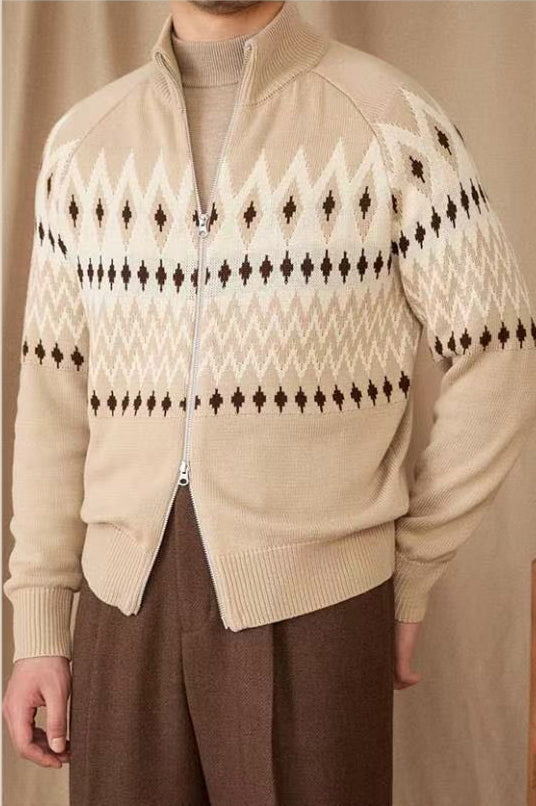 Thick Knit Cardigan with Full Zip and High Collar, Fair Isle Pattern