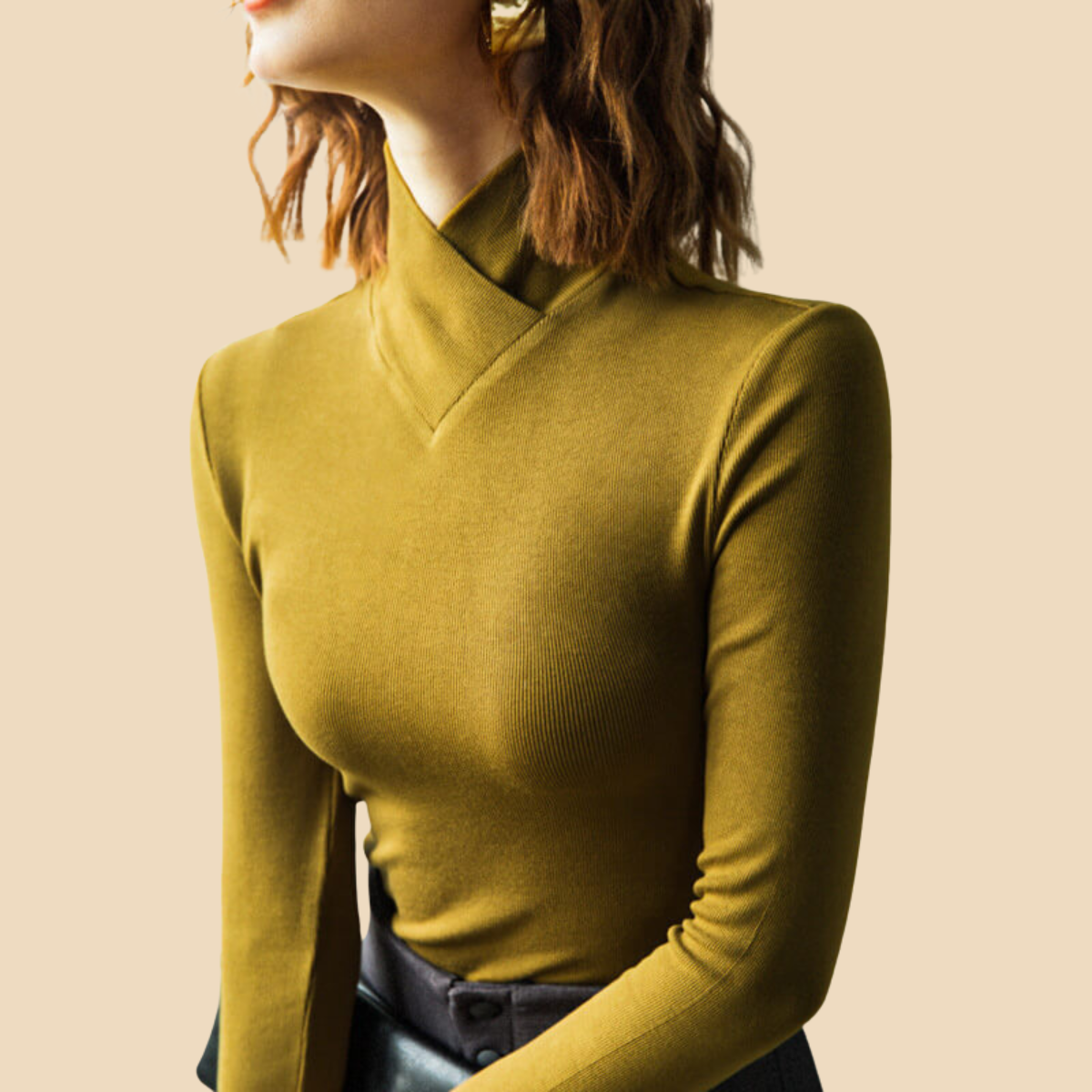 Women’s Fitted Turtleneck Sweater with Cross-Over Neckline