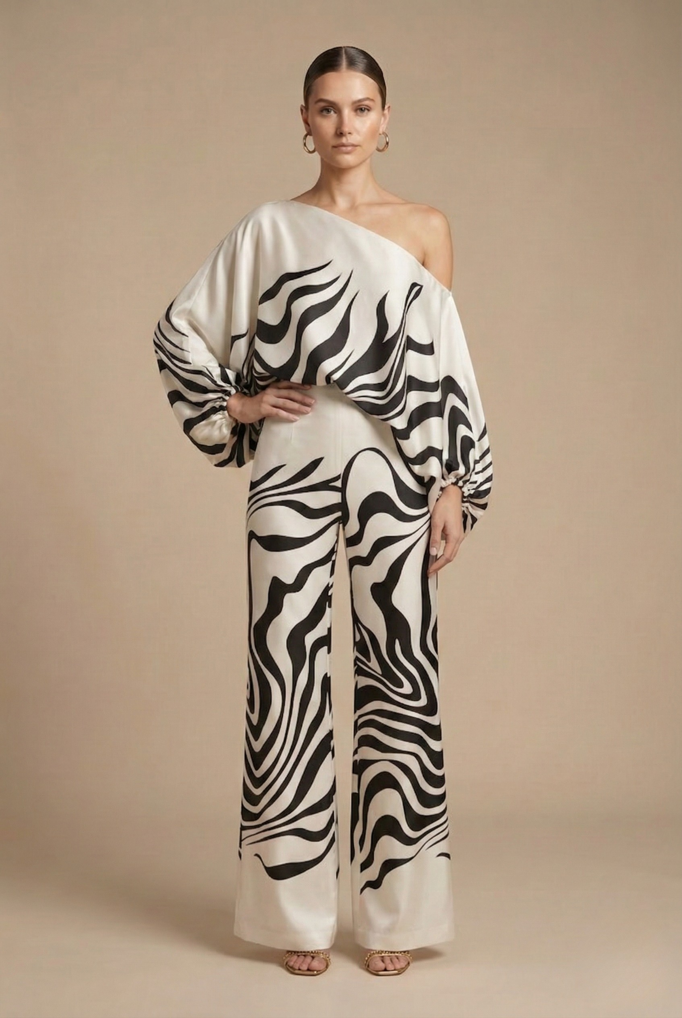 Conjunto de dos piezas para mujer - Top off shoulder - Manga larga - Pantalones de pierna ancha - Diseño estampado
