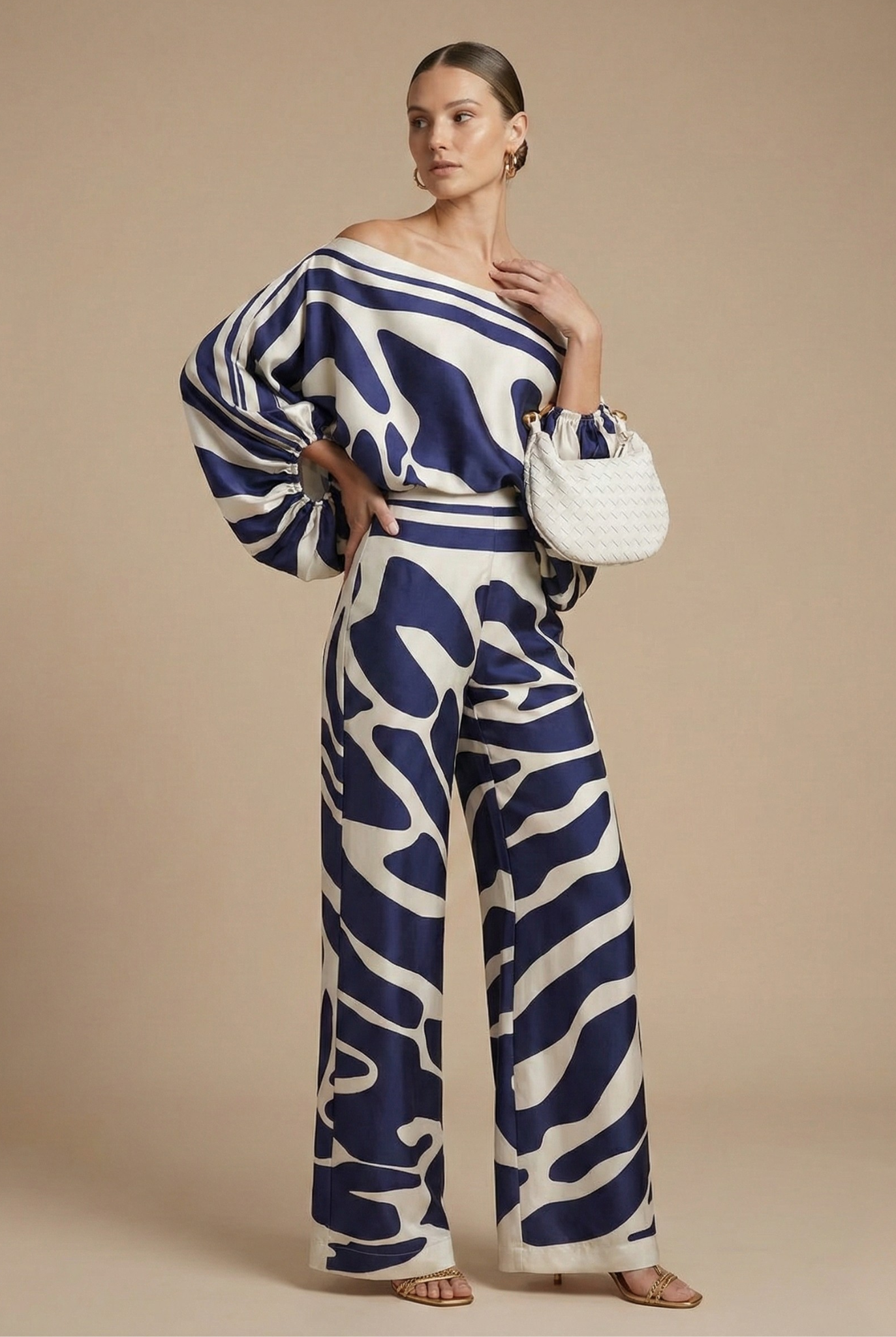 Conjunto de dos piezas para mujer - Top off shoulder - Manga larga - Pantalones de pierna ancha - Diseño estampado