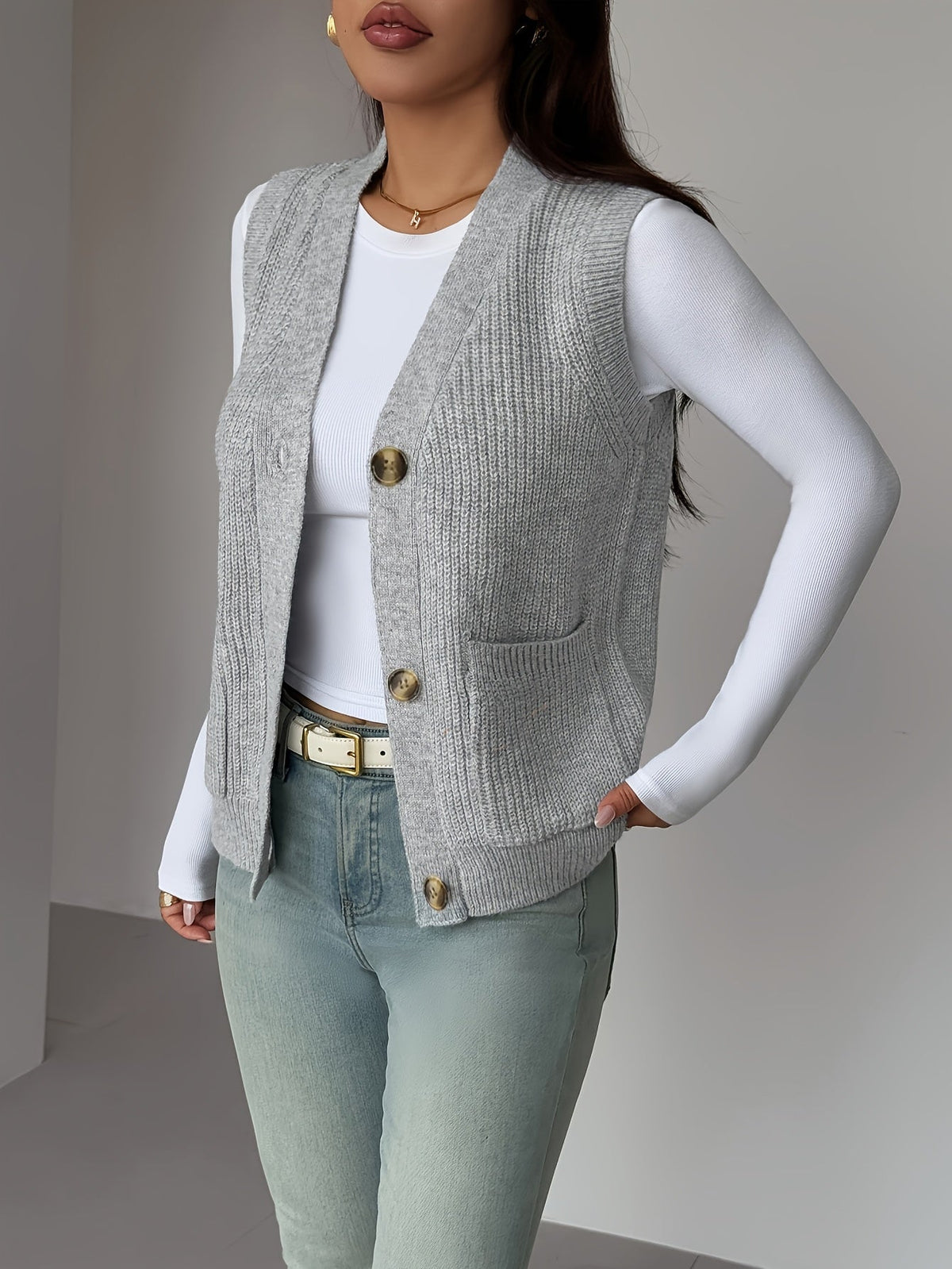 Sleeveless Knit Vest with Button Front and Front Pockets, Relaxed Fit