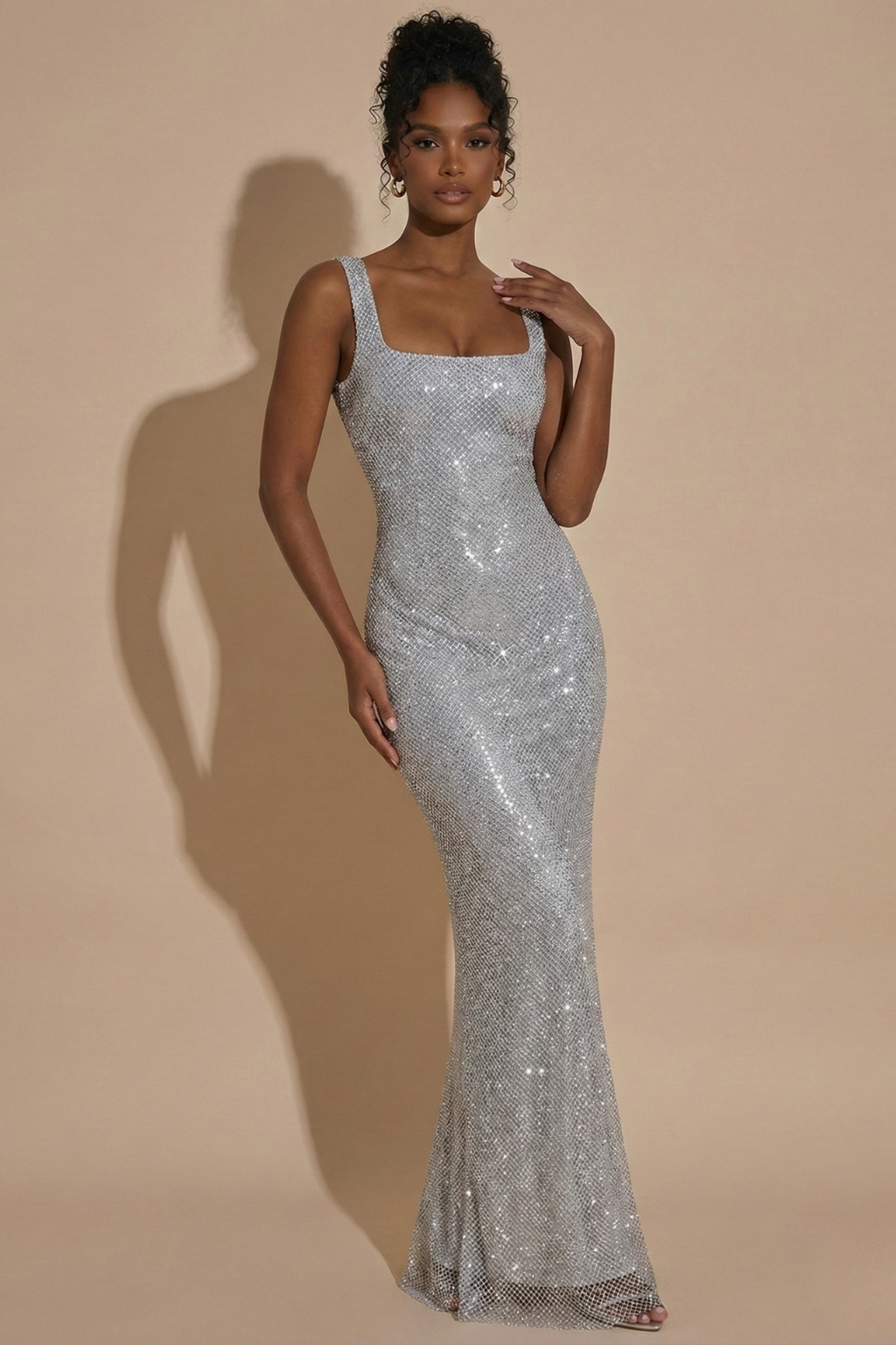 Embellished Square Neck Maxi Evening Gown with Sculpted Silhouette