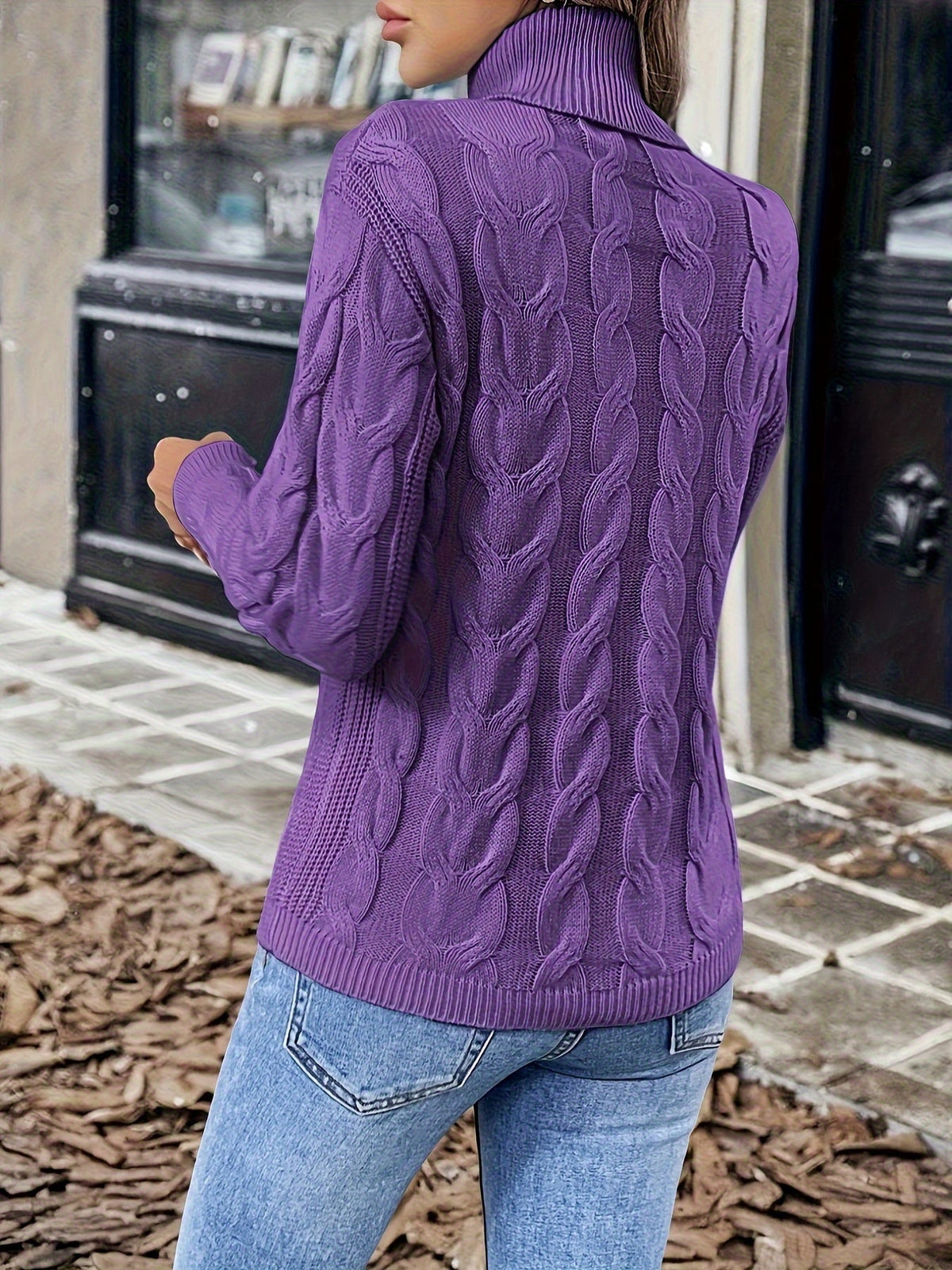 Turtleneck Sweater with Cable Knit Pattern and Relaxed Fit, Full Length Sleeves