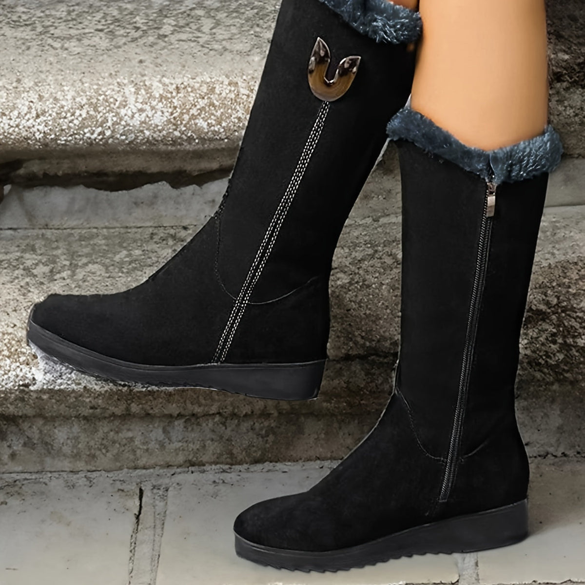 Slip-On Mid Calf Winter Boots with Textured Anti-Slip Sole and Plush Lining