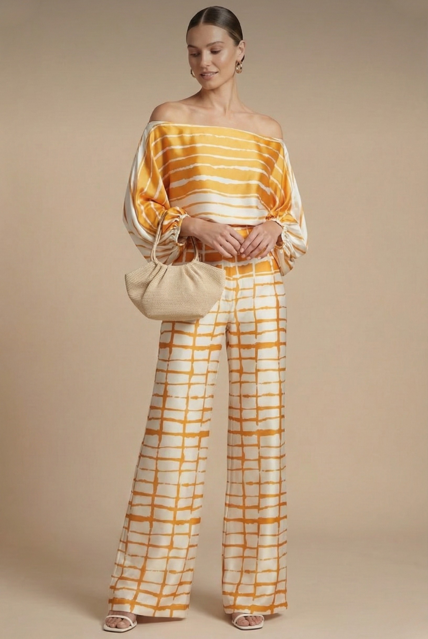 Conjunto de dos piezas para mujer - Top off shoulder - Manga larga - Pantalones de pierna ancha - Diseño estampado