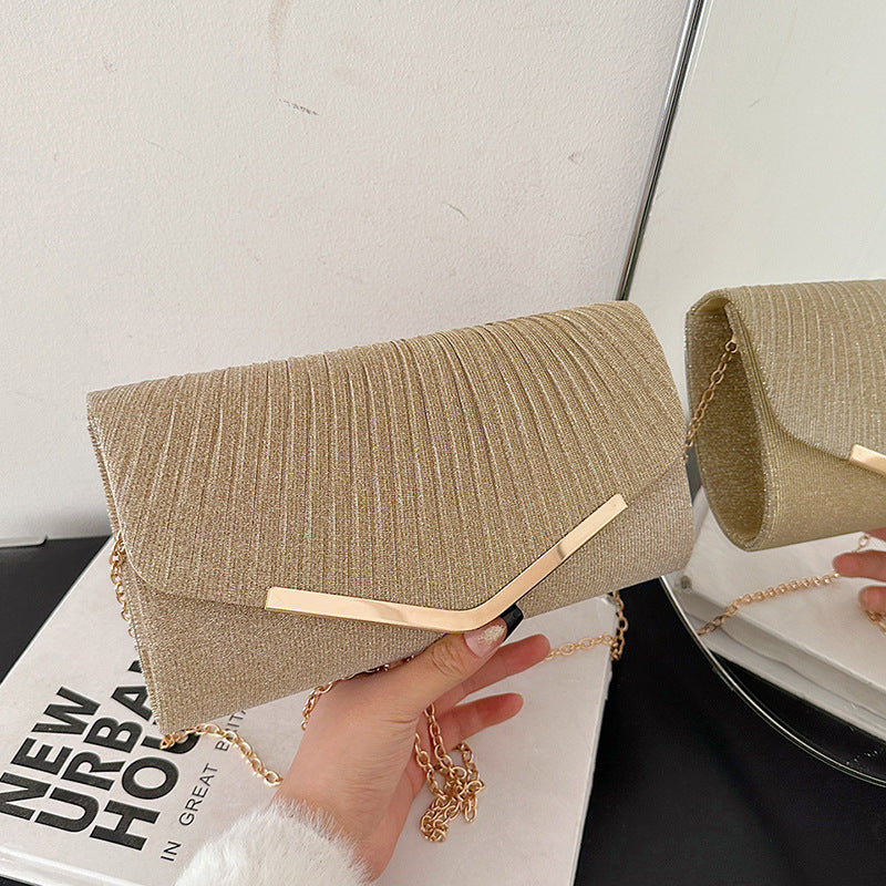 Women's Glitter Pleated Clutch Bag Envelope with Gold Chain Strap
