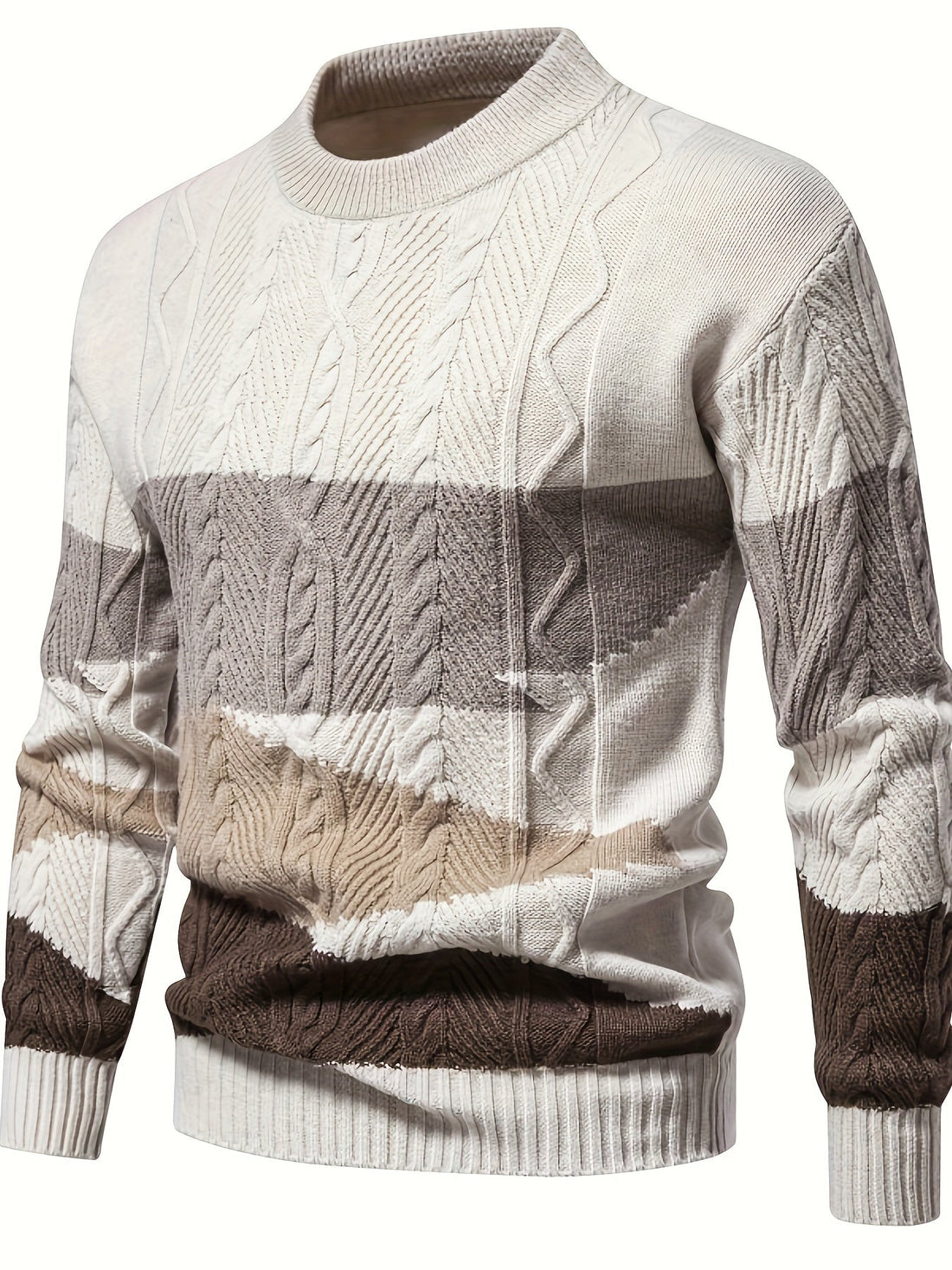 Cable Knit Pullover with Color Block Design and Round Neckline