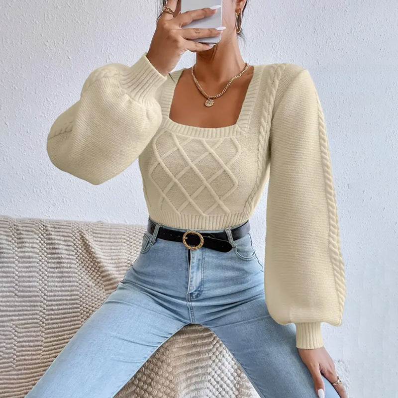 Women's Cropped Sweater with Square Collar and Cable Knit Panel, Balloon Sleeves