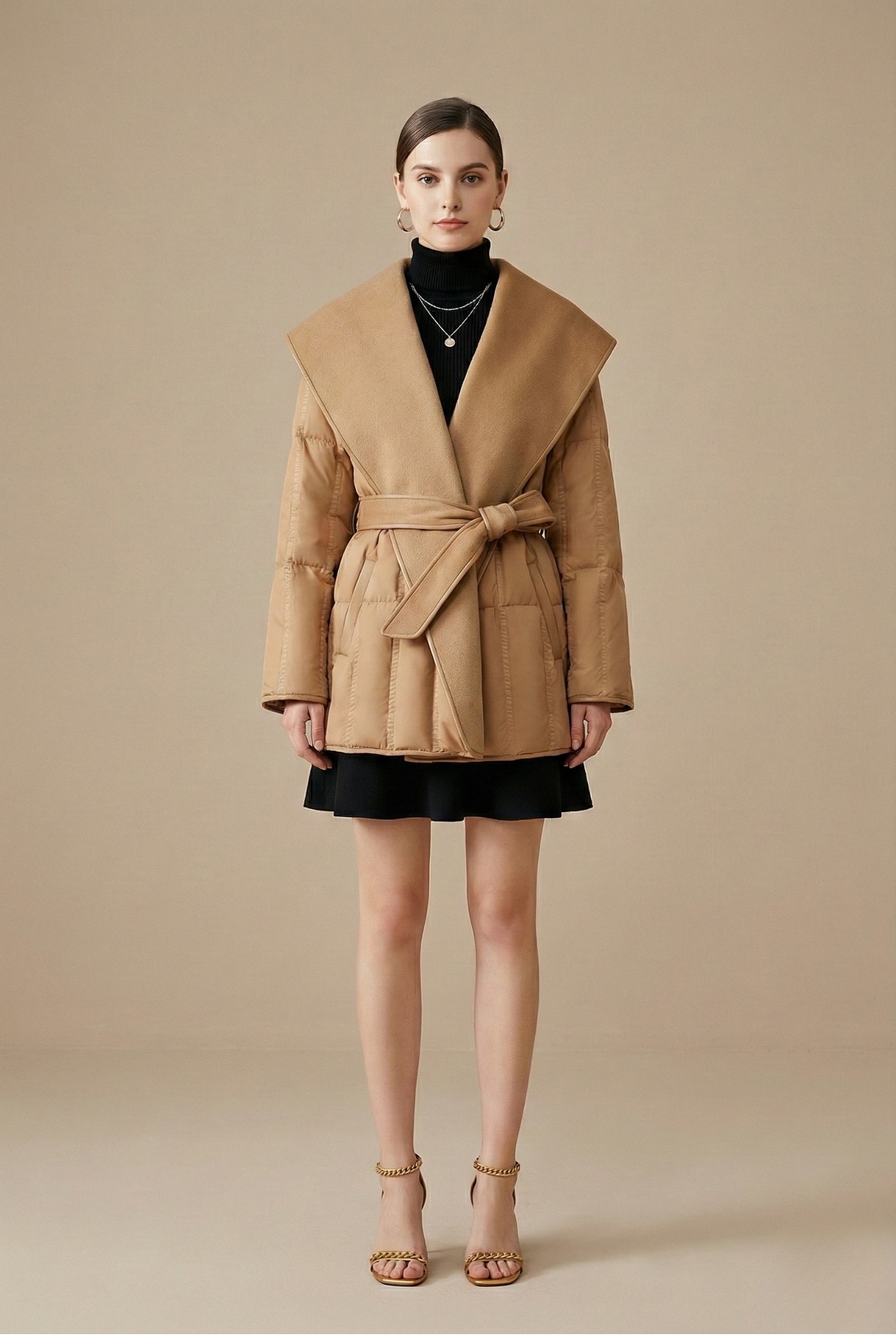 Women’s Belted Winter Down Jacket with Oversized Shawl Collar