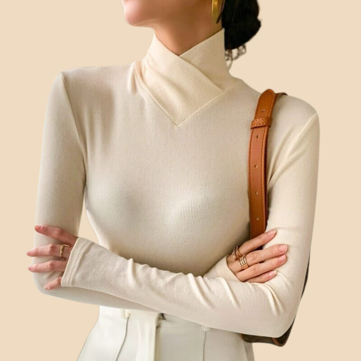 Women’s Fitted Turtleneck Sweater with Cross-Over Neckline