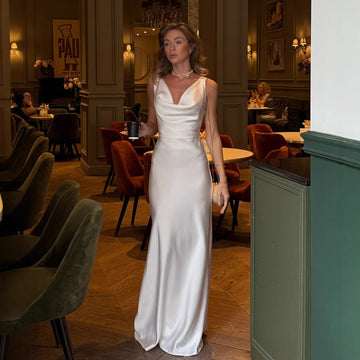 Women's Satin Cowl Neck Maxi Dress - Sleeveless Slip Dress with Deep V Drape - Open Back
