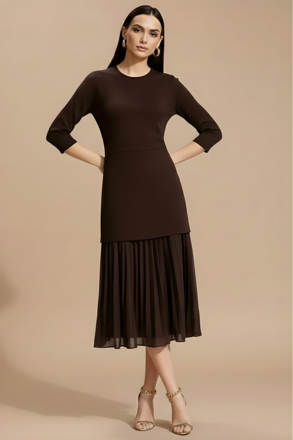 Women’s 3/4 Sleeve Pleated Midi Dress with Refined Knit Silhouette