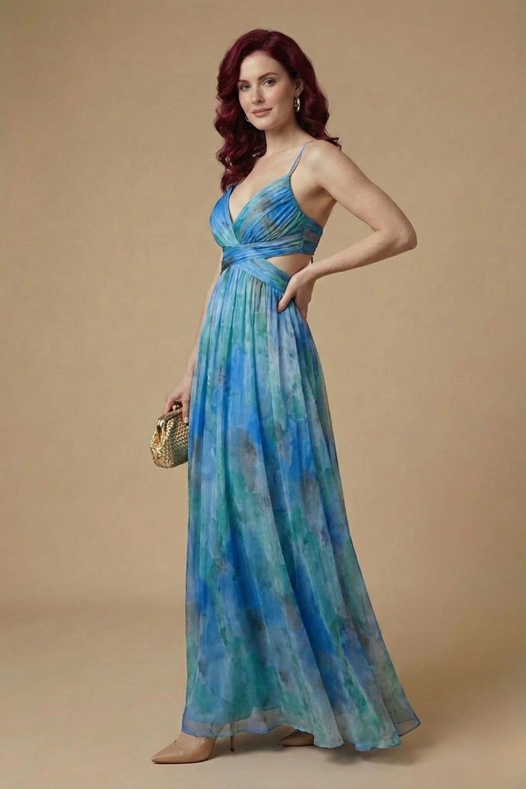 Women’s Elegant Floral Maxi Dress with V Neckline and Defined Waist