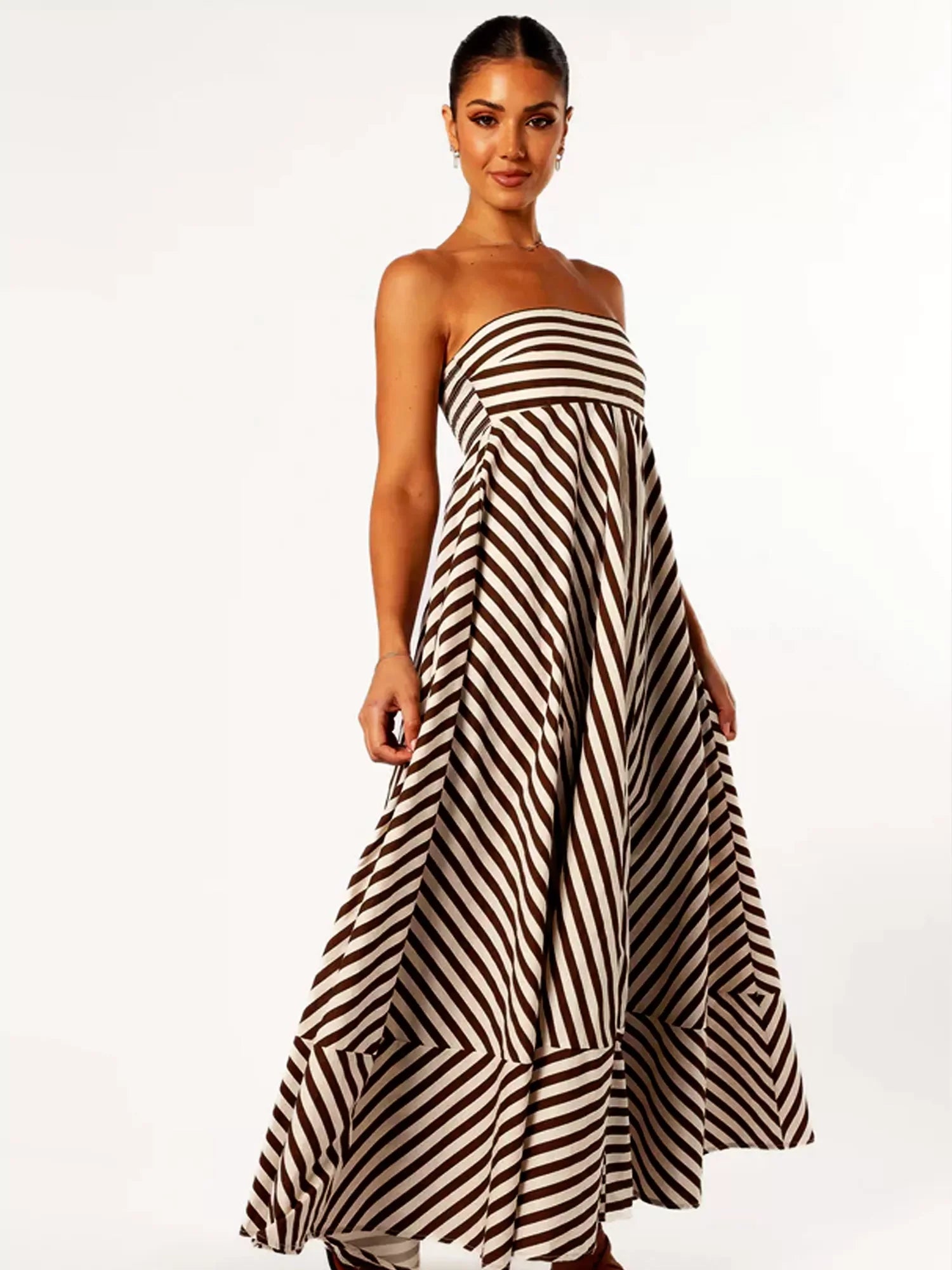 Women's Striped Strapless Bandeau Maxi Dress - Side Zip
