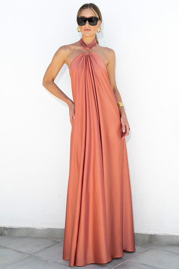 Women's Satin Halter Neck Sleeveless Maxi Dress - Open Back