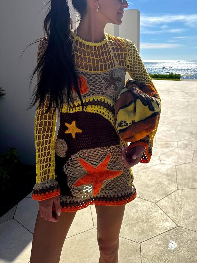 Women's Crochet Coral Reef Pattern Long Sleeve Round Neck Mini Dress