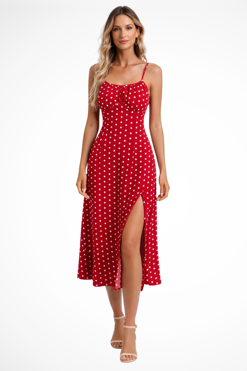 Women's Printed Polka Dots Slip Midi Dress - Spaghetti Strap - Side Slit