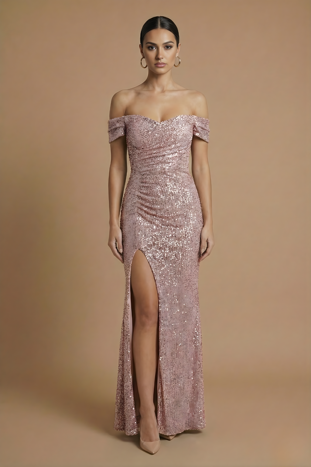 Women’s Off Shoulder Sequin Maxi Dress with Thigh High Split