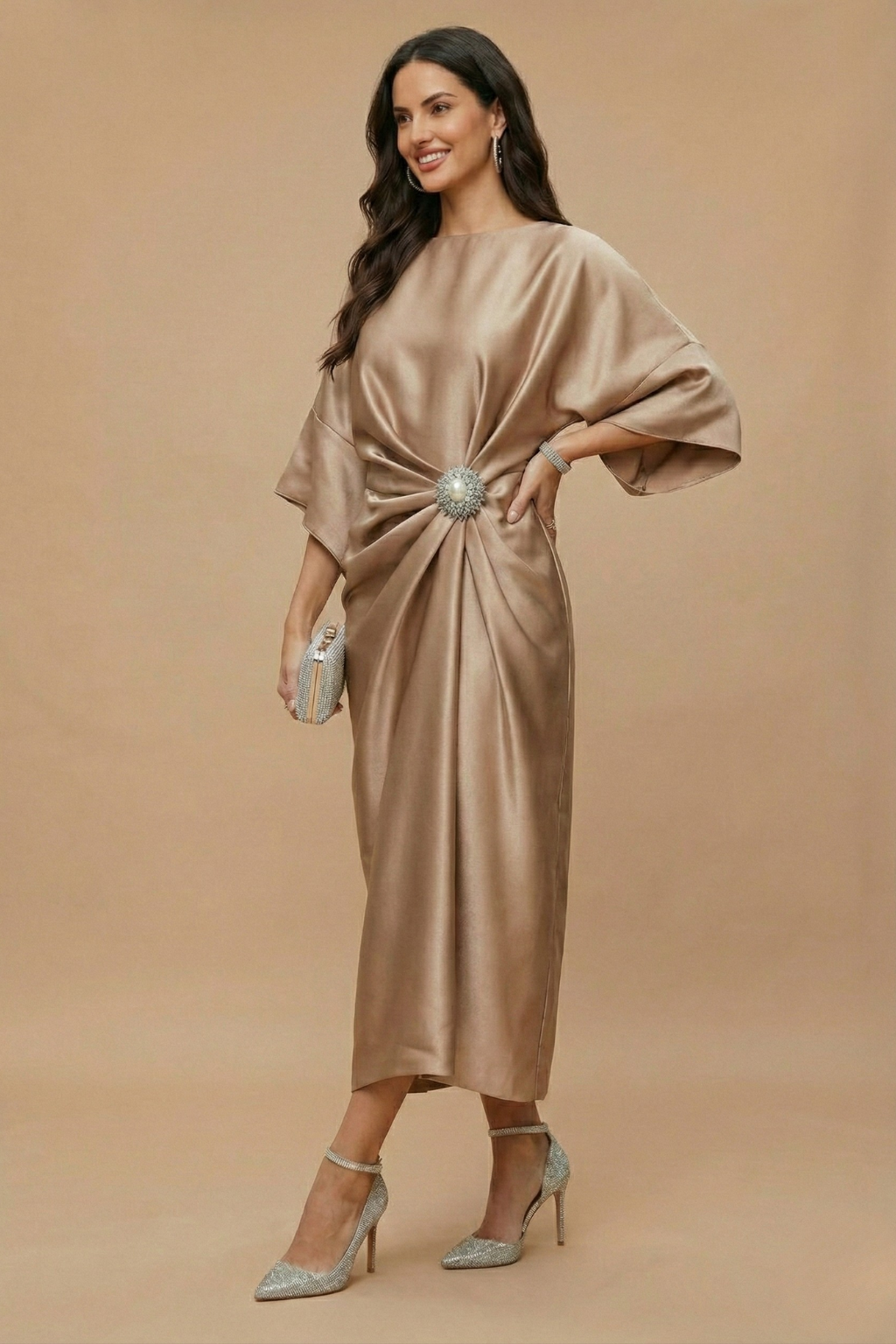 Women’s Elegant Wide Sleeve Maxi Dress with Draped Detail for Evening Occasions
