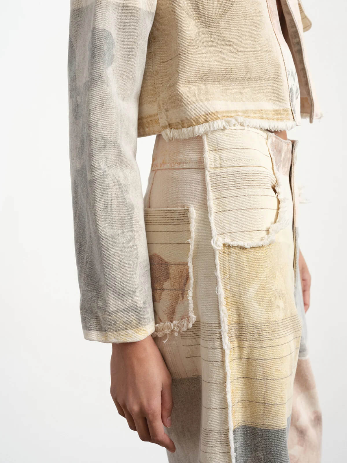 Women's Patchwork Print Wide Leg Jeans - High Rise Button Closure