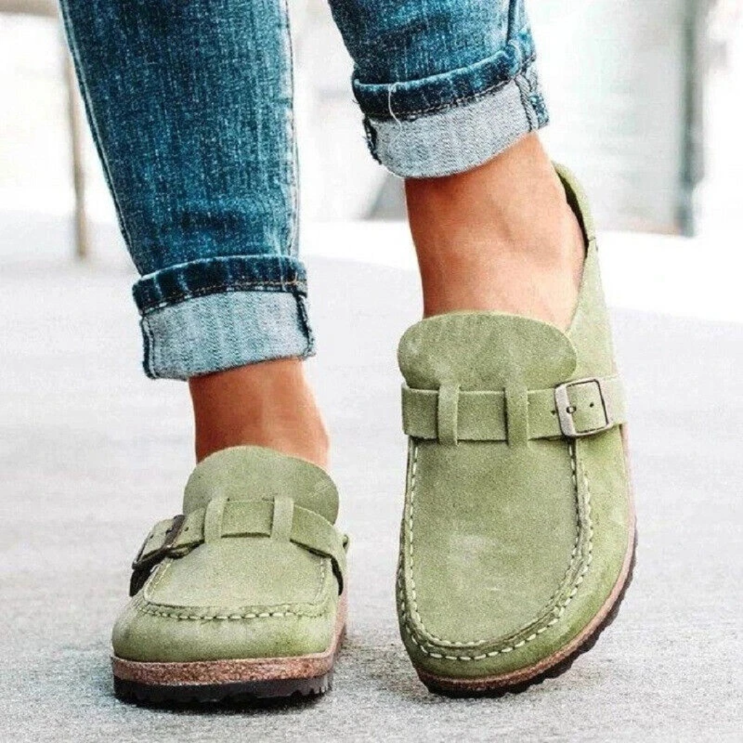 Women's Slip On Loafers with Metal Vamp Accent and Cushioned Footbed, Low Block Heel