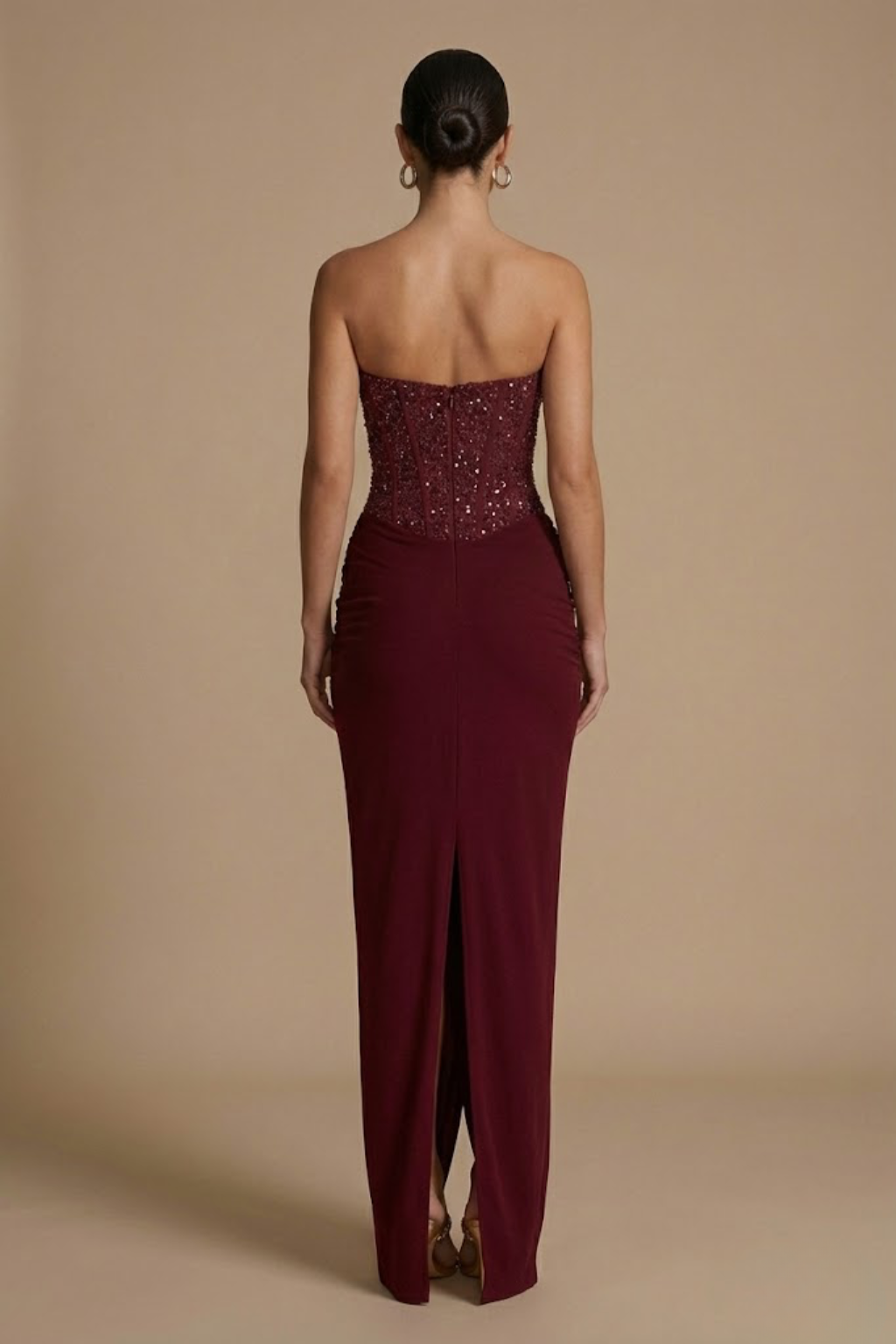 Women’s Strapless Off Shoulder Glitter Maxi Dress with Sculpted Silhouette