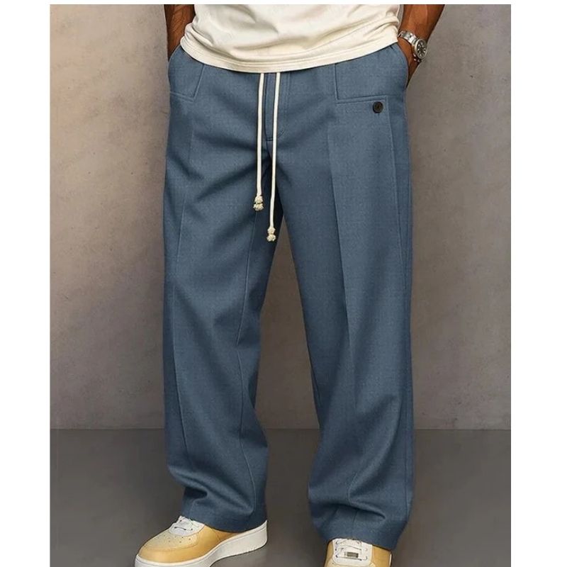 Cotton Blend Wide Leg Pants with Drawstring Waist and Deep Pockets