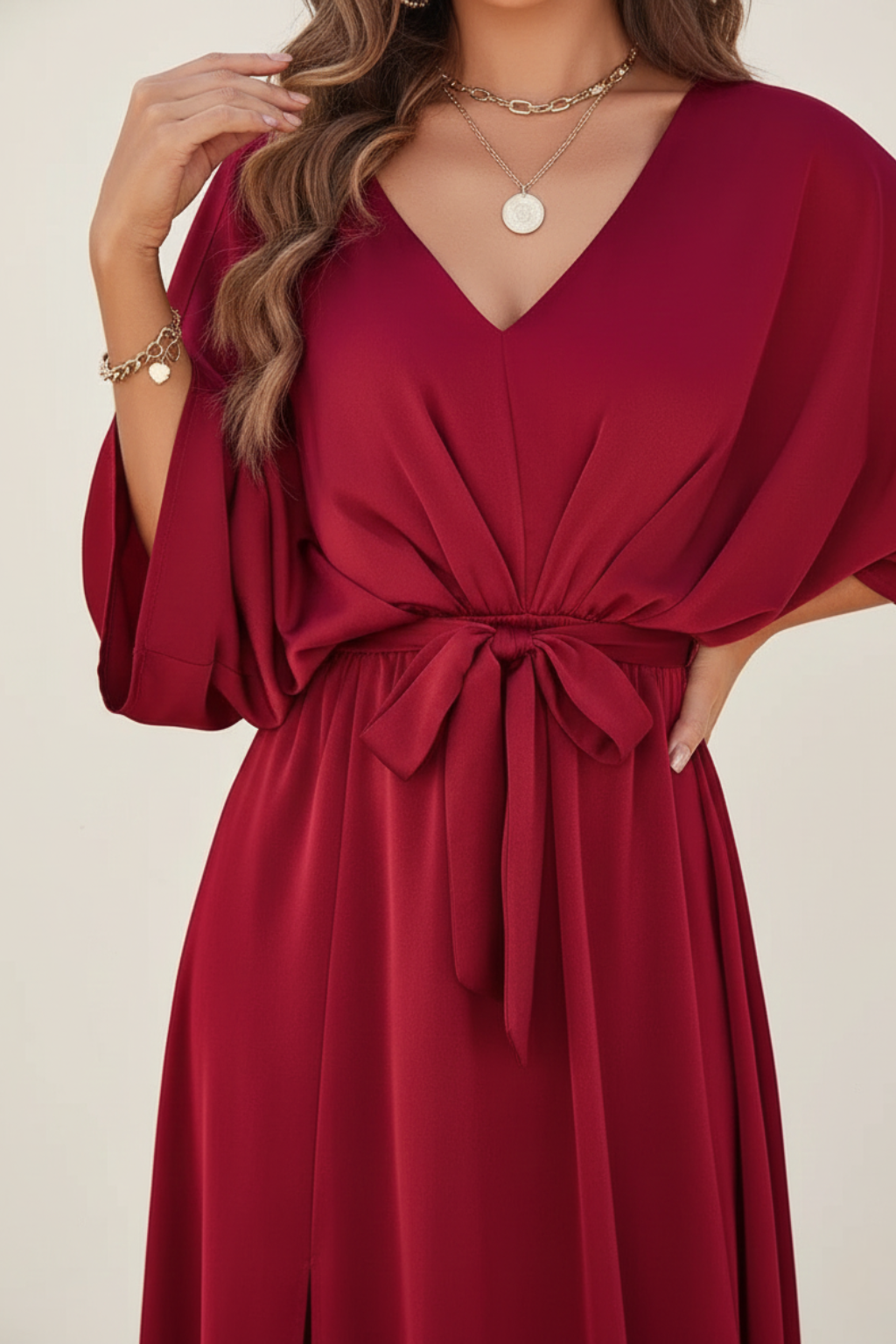 Women’s V-Neck Maxi Dress with Waist Tie and Kimono Sleeves – Occasion Wrap-Style Dress