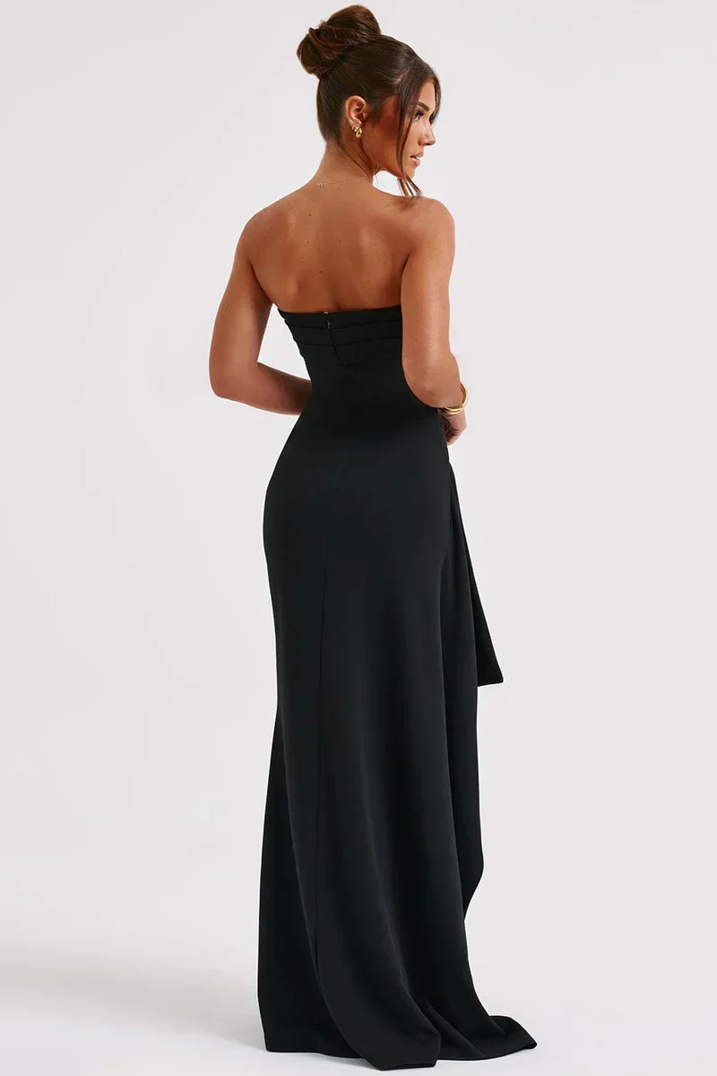 Strapless Elegant Maxi Dress with High Slit and Twisted Detail