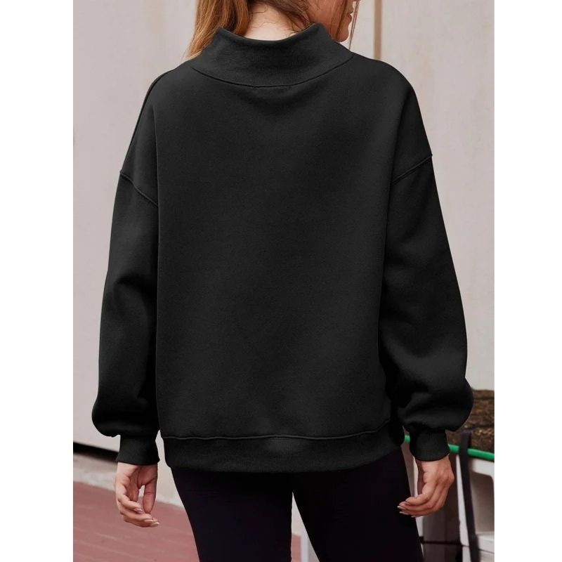 Women's Mock Neck Sweatshirt with Fleece Lining and Drop Shoulder Design, Asymmetric Slit