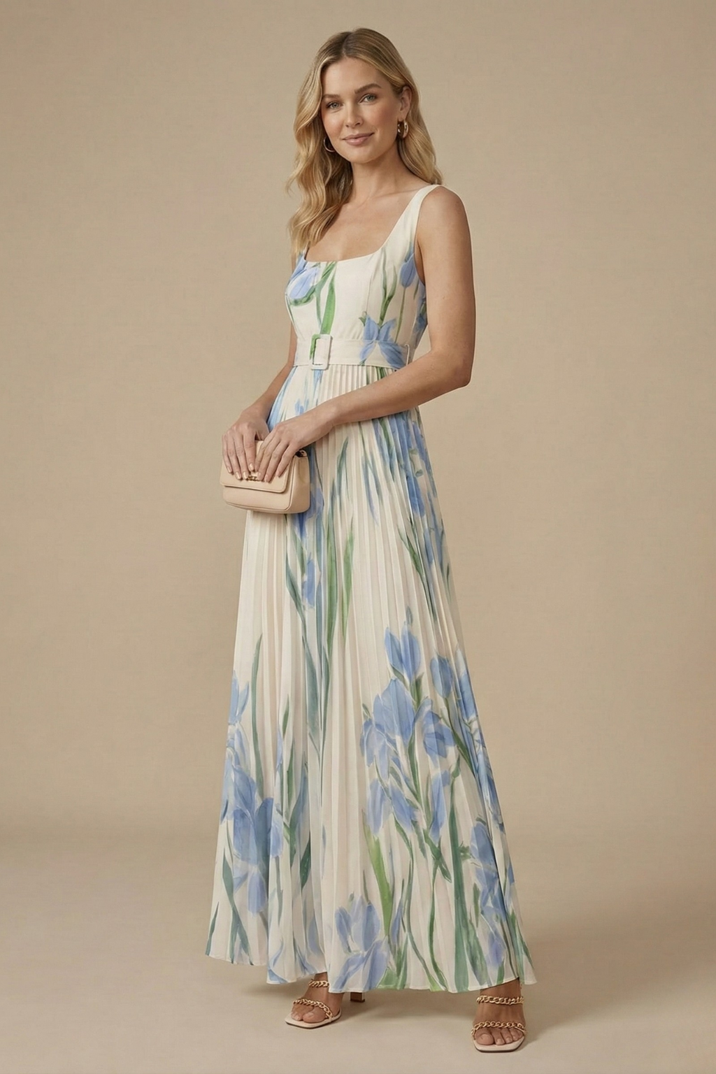 Women’s Elegant Sleeveless Floral Pleated Maxi Dress with Square Neckline