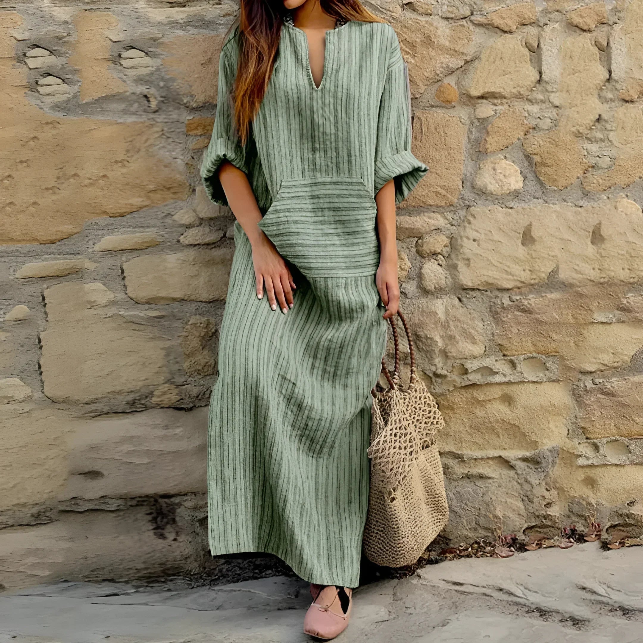 Women's Maxi Dress Cotton Linen V-Neck 3/4 Sleeve Ribbed Stripe