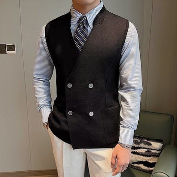 Sleeveless Knitted Vest with Double Breasted Closure and Front Pockets