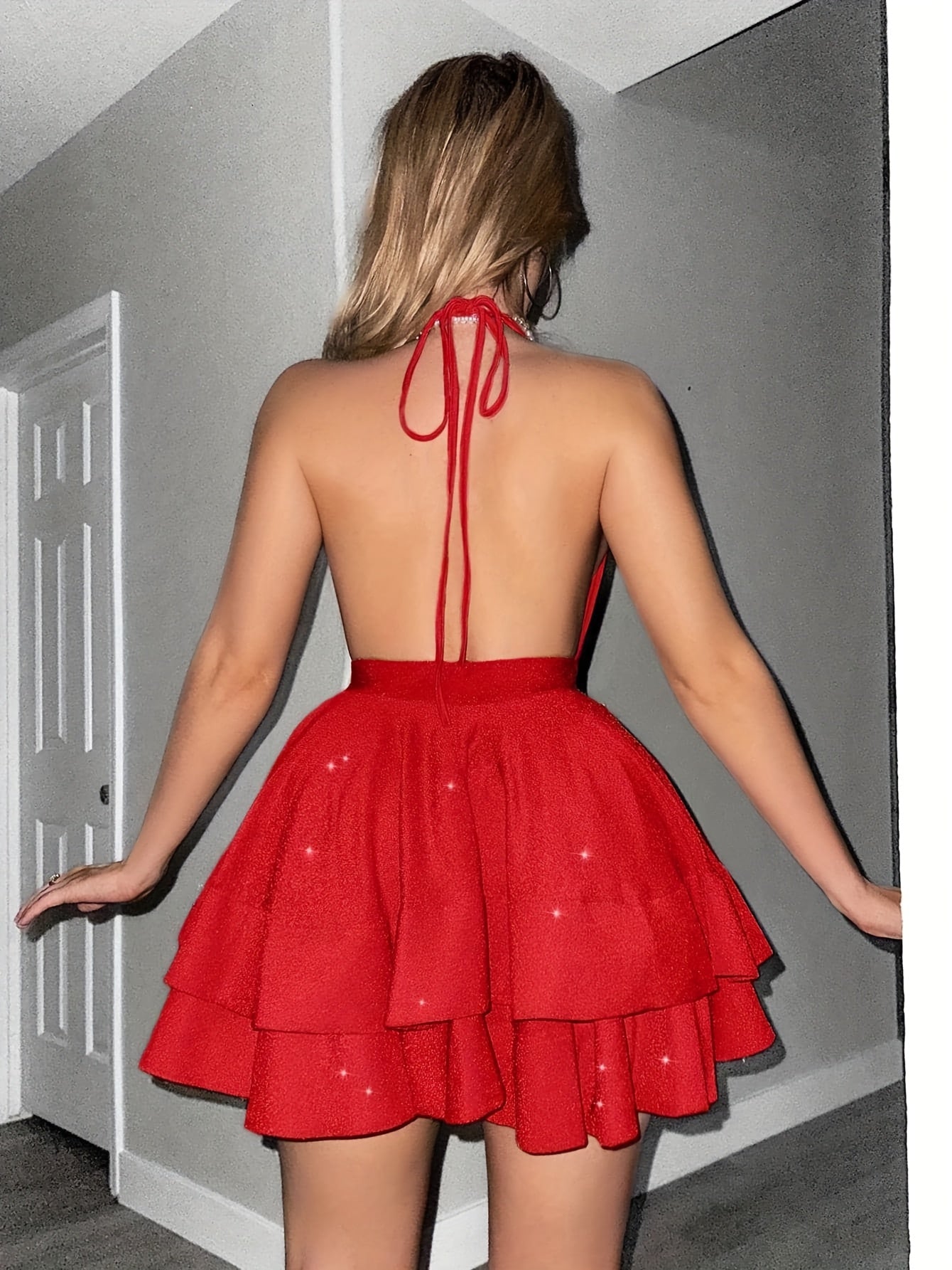 Women's Glitter Halter Neck Mini Dress - Deep V - Cocktail Tiered Skirt
