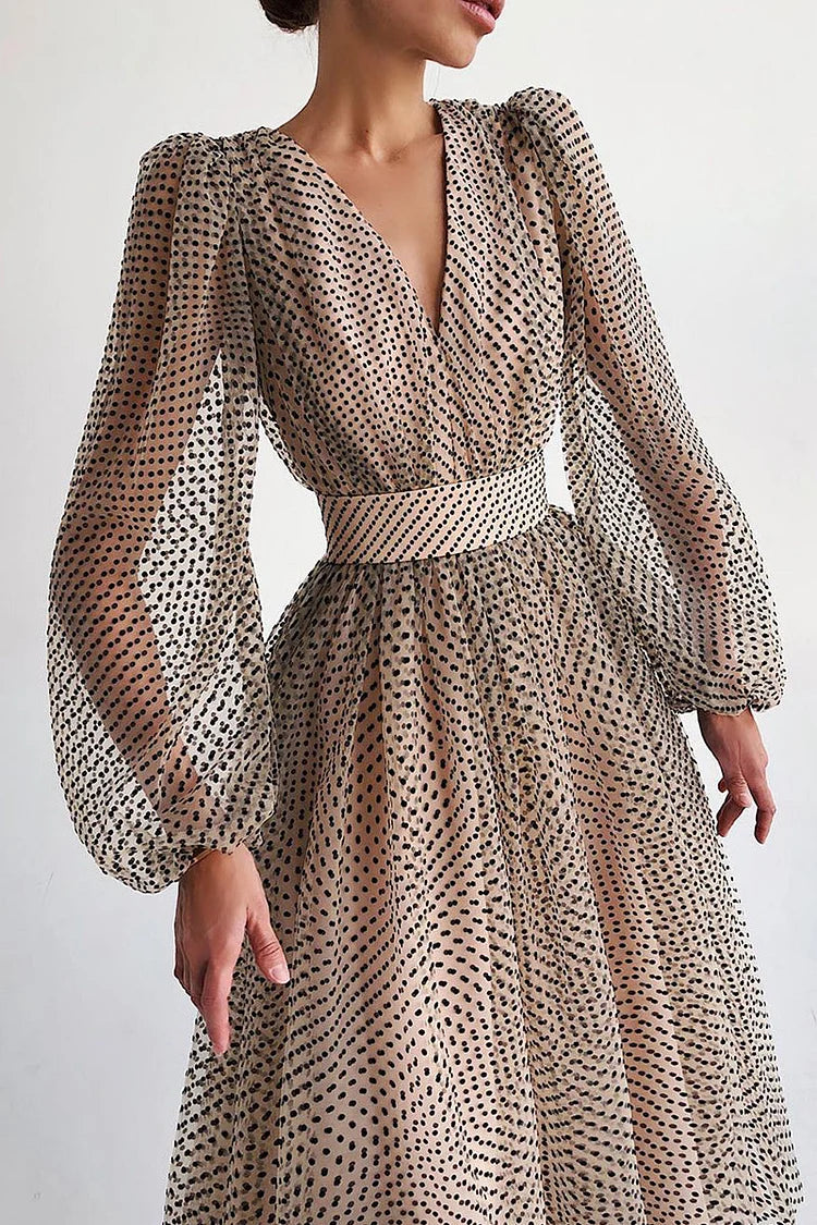 Women's Polka Dot Patchwork A-Line Dress - Puffy Long Sleeves