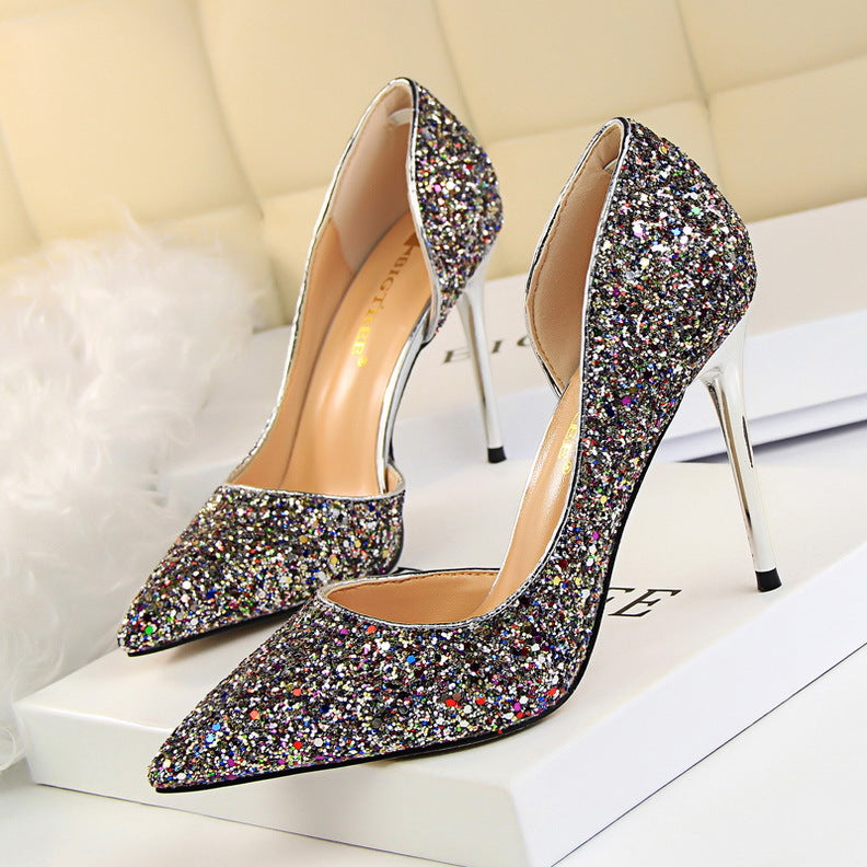 Women's Glitter Stiletto Heels - Pointed Toe - D'Orsay Cut - Slip On