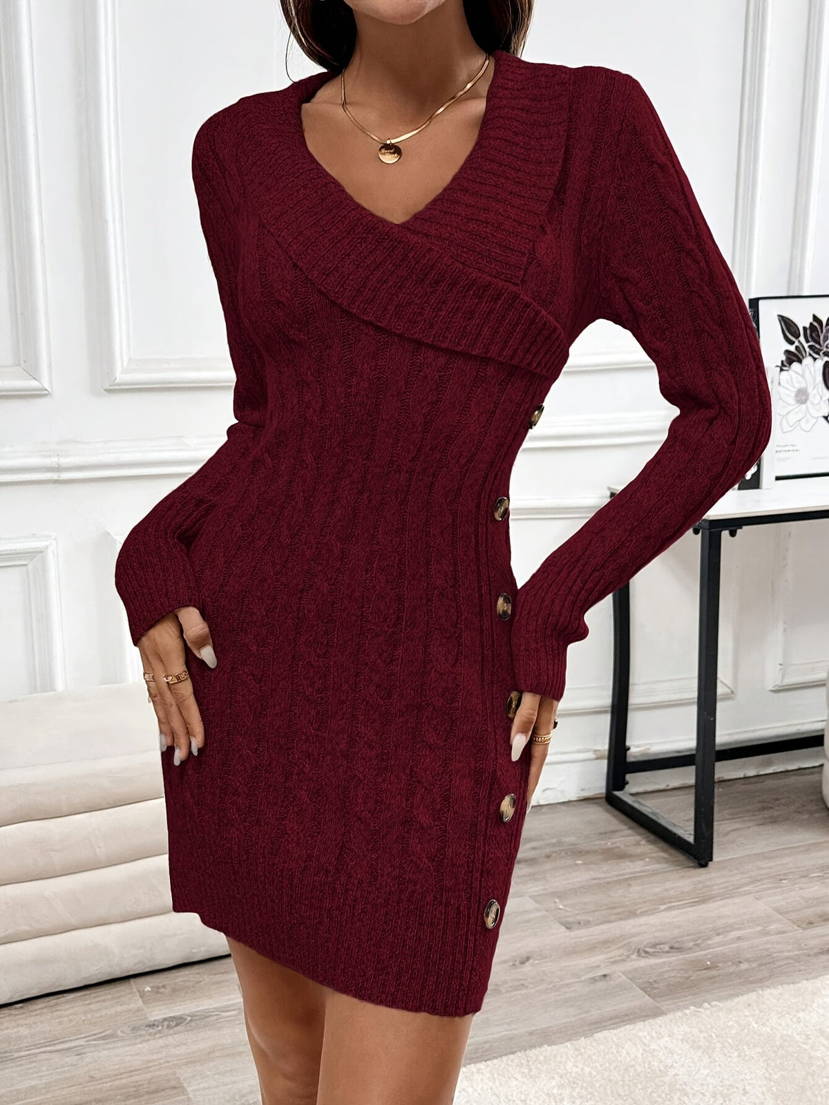 Knee Length Cable Knit Dress with Crossover V Neckline and Functional Side Buttons