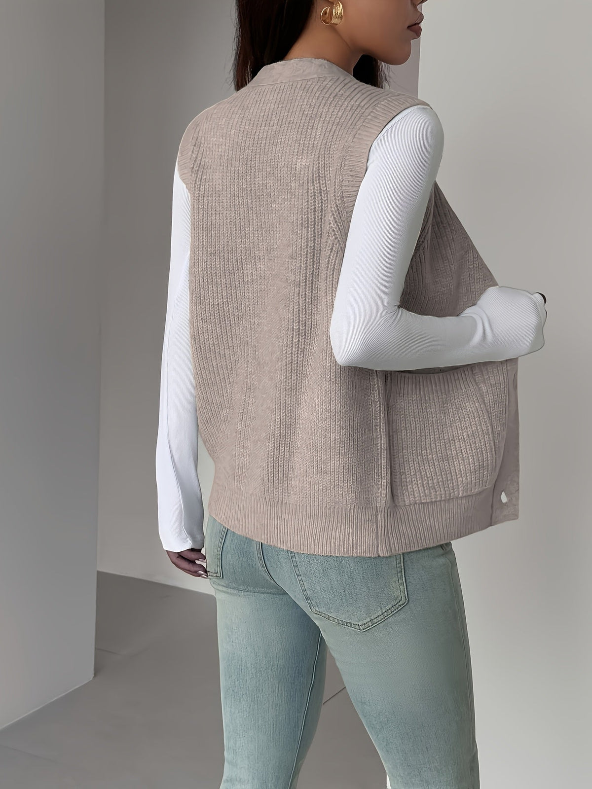 Sleeveless Knit Vest with Button Front and Front Pockets, Relaxed Fit