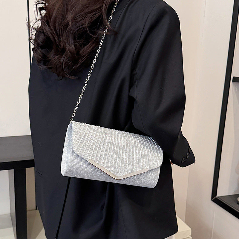 Women's Glitter Pleated Clutch Bag Envelope with Gold Chain Strap