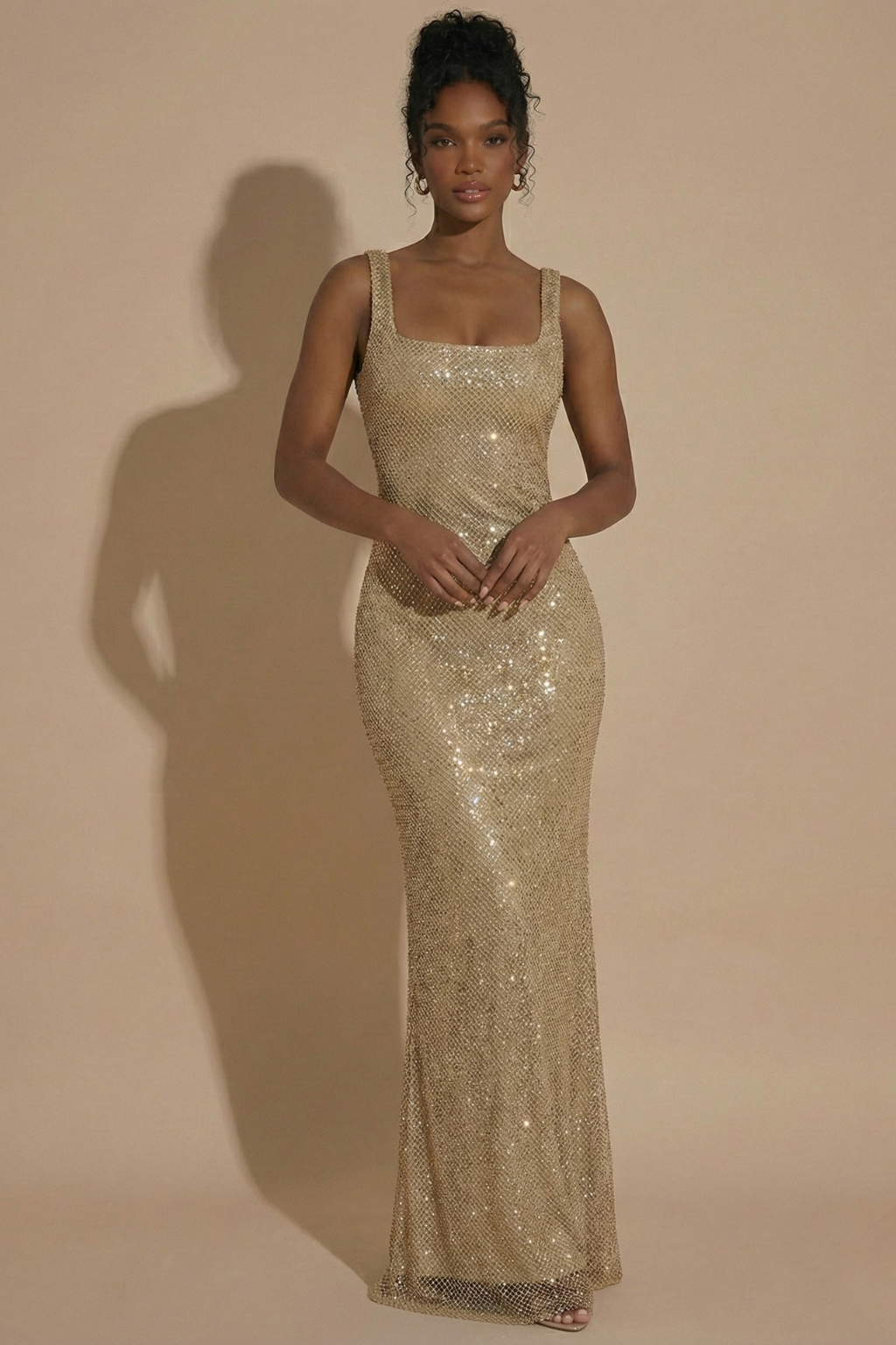 Embellished Square Neck Maxi Evening Gown with Sculpted Silhouette