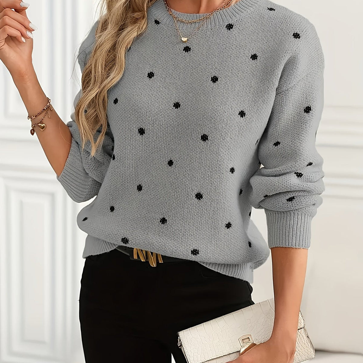 Polka Dot Crew Neck Sweater with Light Stretch and Ribbed Cuffs, Relaxed Fit