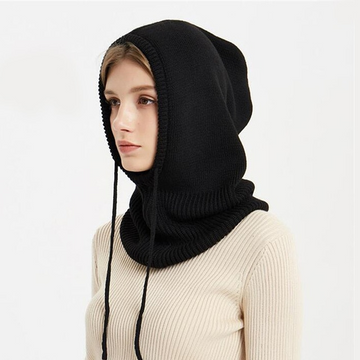 Knit Beanie with Attached Hood and Drawstring Adjustment for Wind Protection