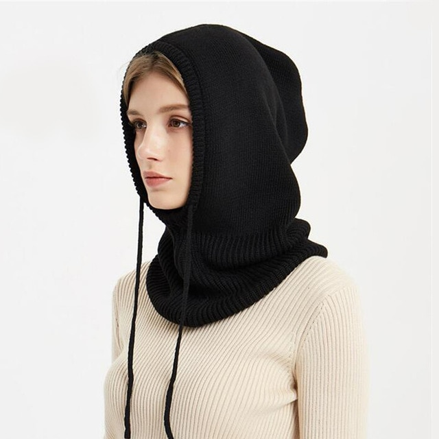 Knit Beanie with Attached Hood and Drawstring Adjustment for Wind Protection
